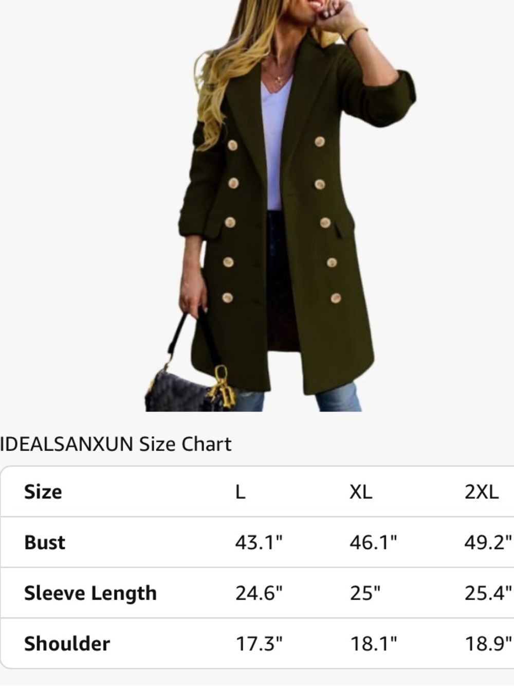 IDEALSANXUN NWT Army Green Olive Drab Wool-Blend Double-Breasted Peacoat Women’s